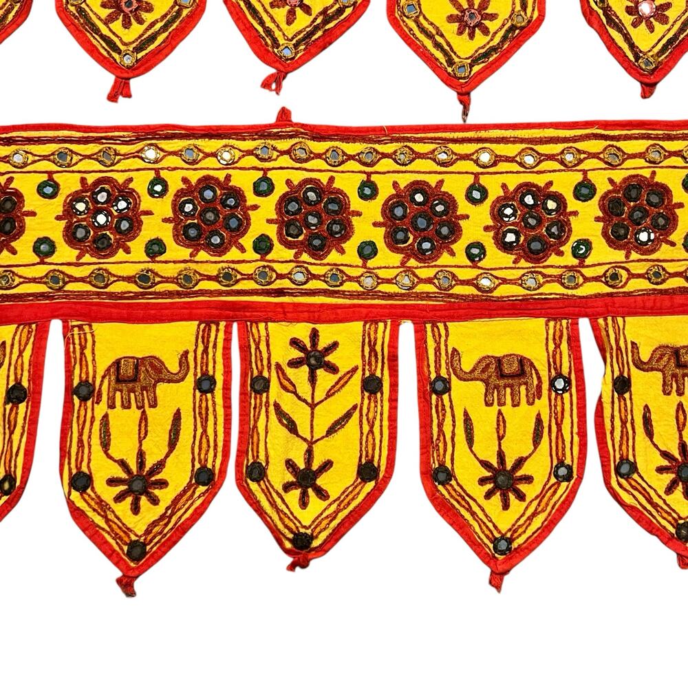 Vintage Rajasthani Elephant Embroidered Mirror Tile Door Hangings Window Valance - Picture 6 of 8